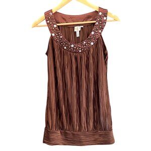 Y2K Vintage Heart Soul Brown Sleeveless Beaded Neckline Pleated Tunic Top Medium